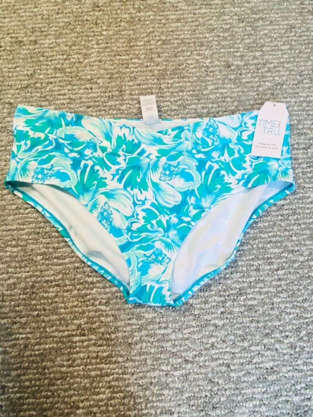 Time And Tru Womens Floral Mid-Rise Bikini Bottoms 2X Blue & White
